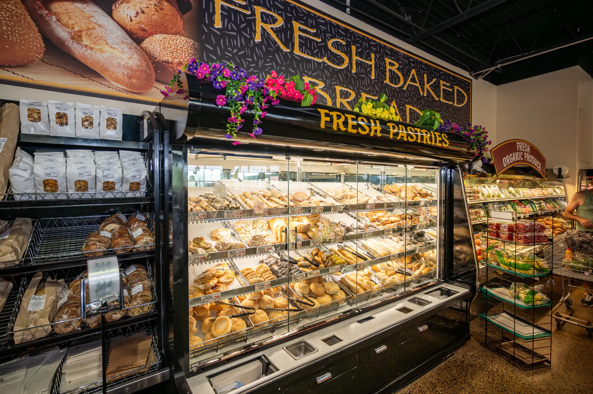 The fresh baked bread and pastry case