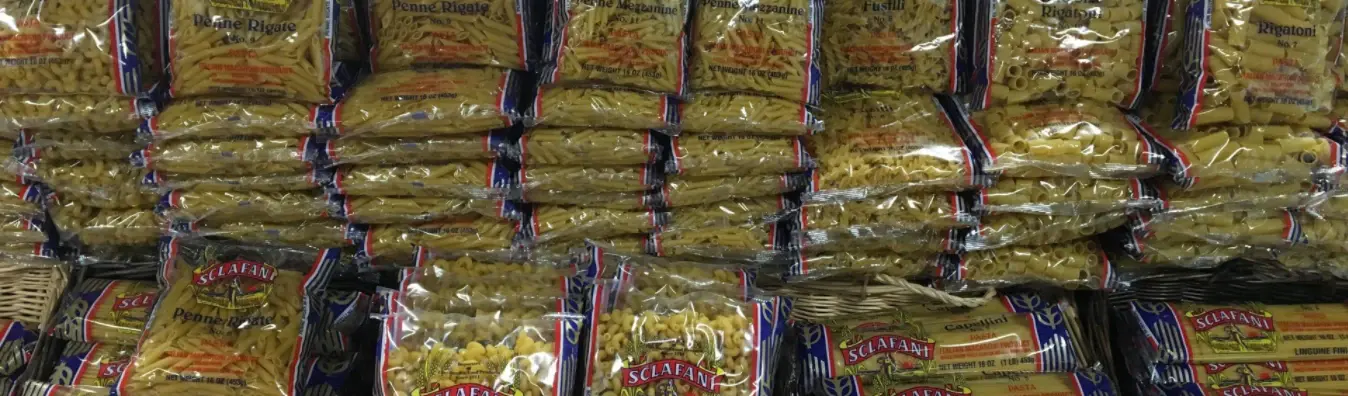 Shelves of imported dried pasta