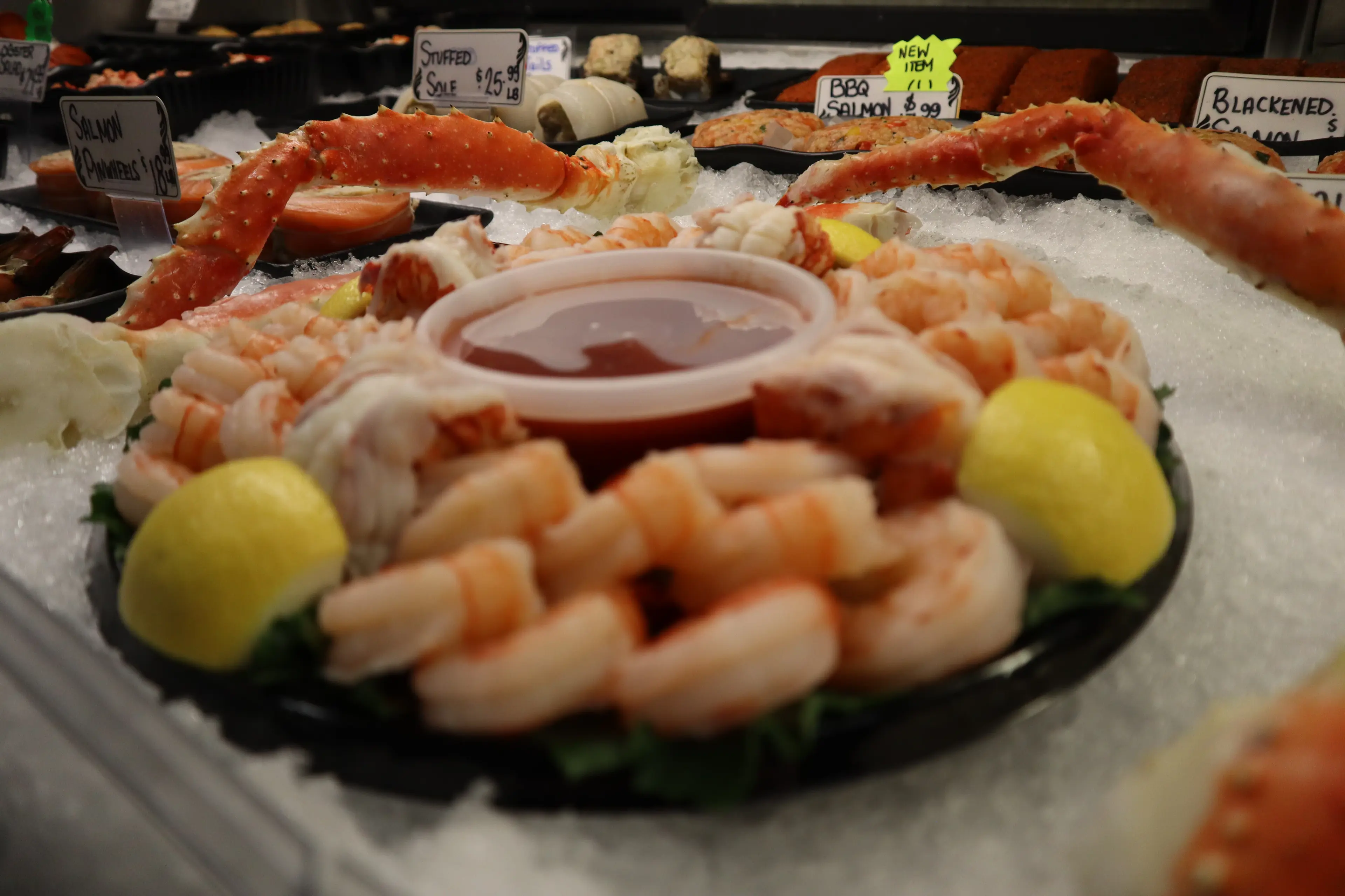 Chilled shrimp platter with lemon and cocktail sauce