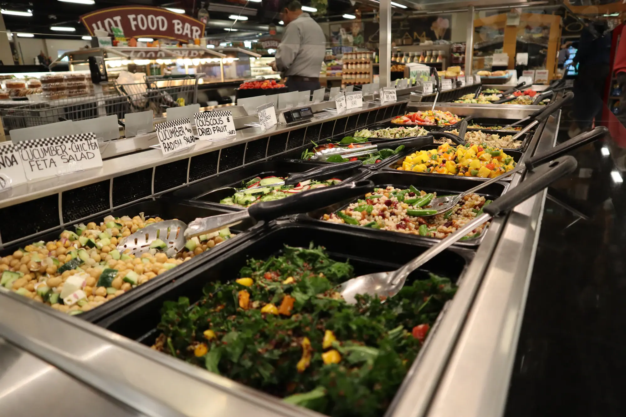The freshly prepared salad case