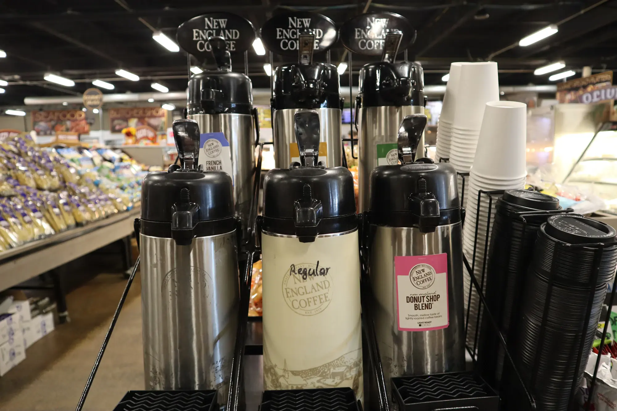 The self-serve New England Coffee station