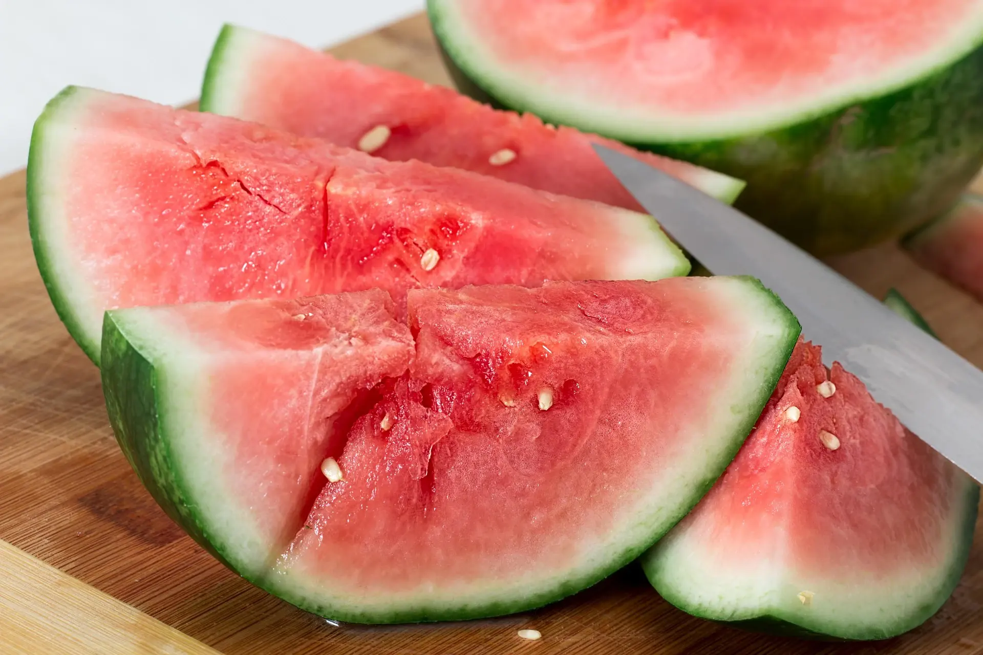 A watermelon cut open on the counter